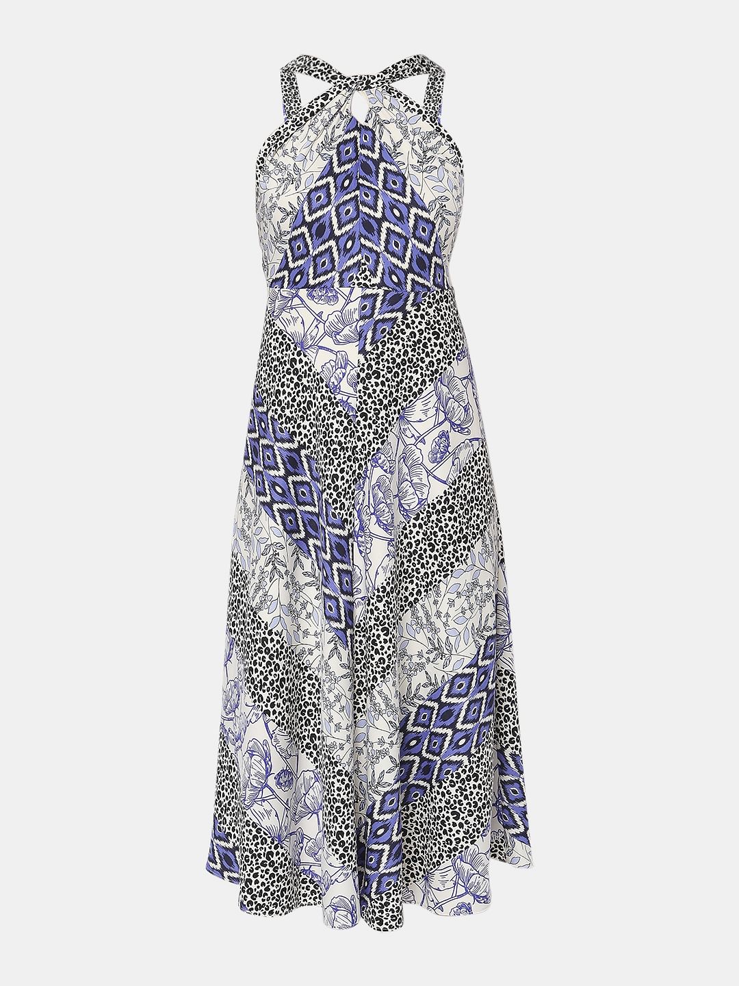 Blue Abstract Print Halter Neck Dress - Image 6