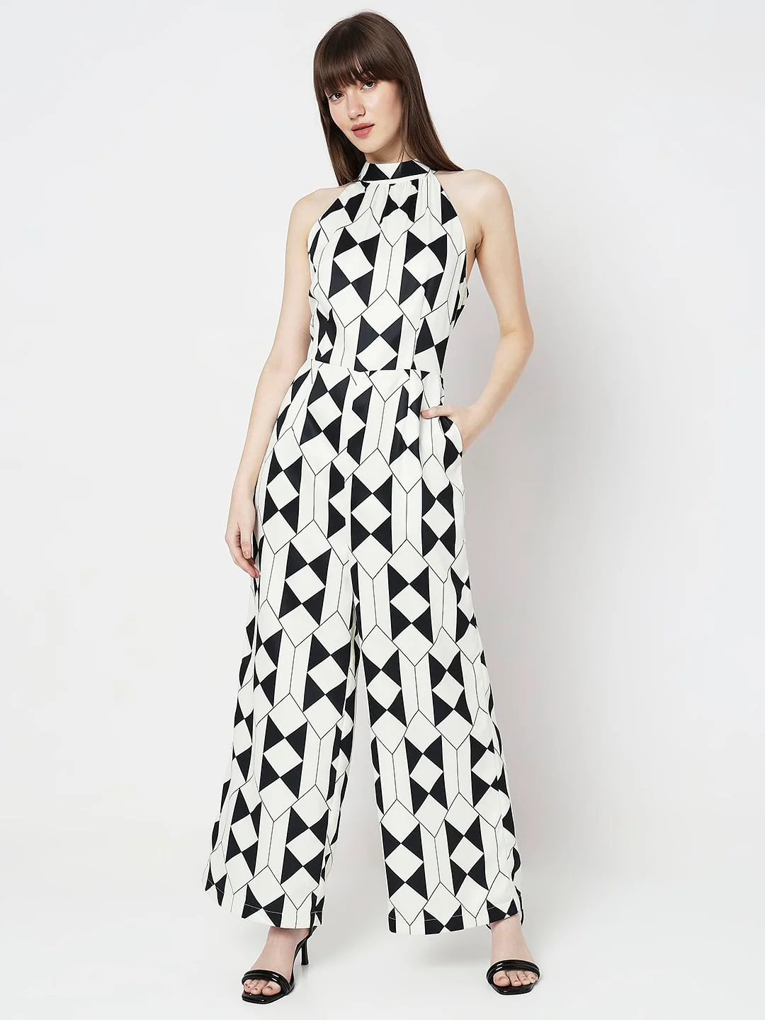 White Printed Halter Neck Jumpsuit - Image 2
