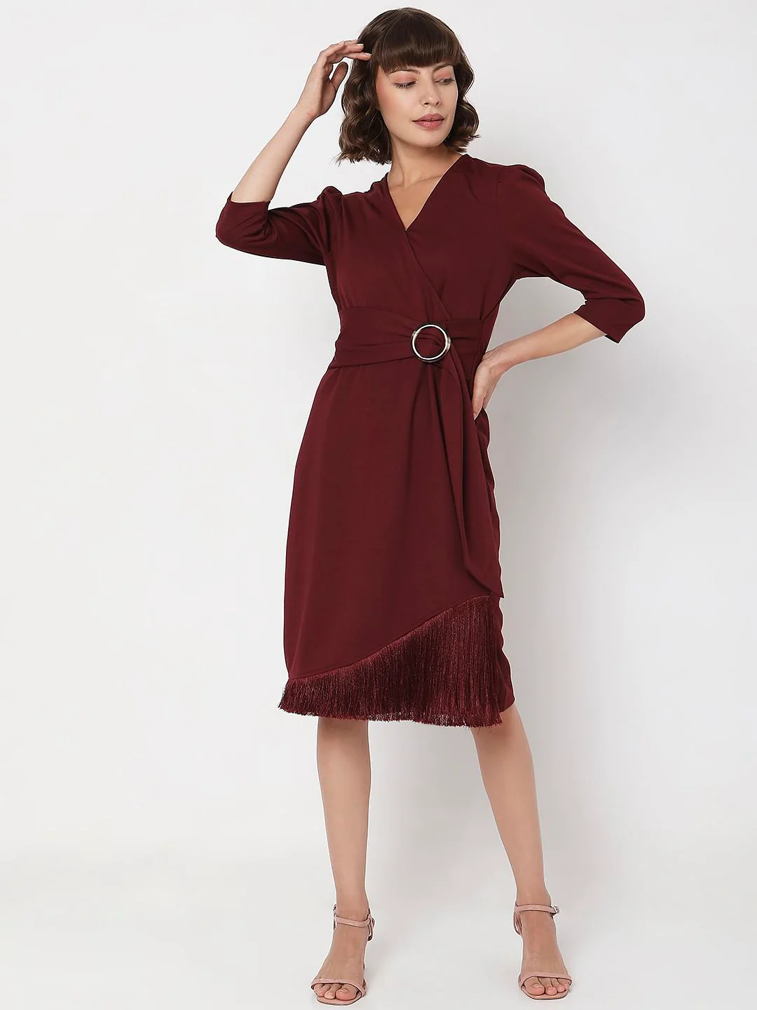 Maroon Fringe Detail Dress - Image 2