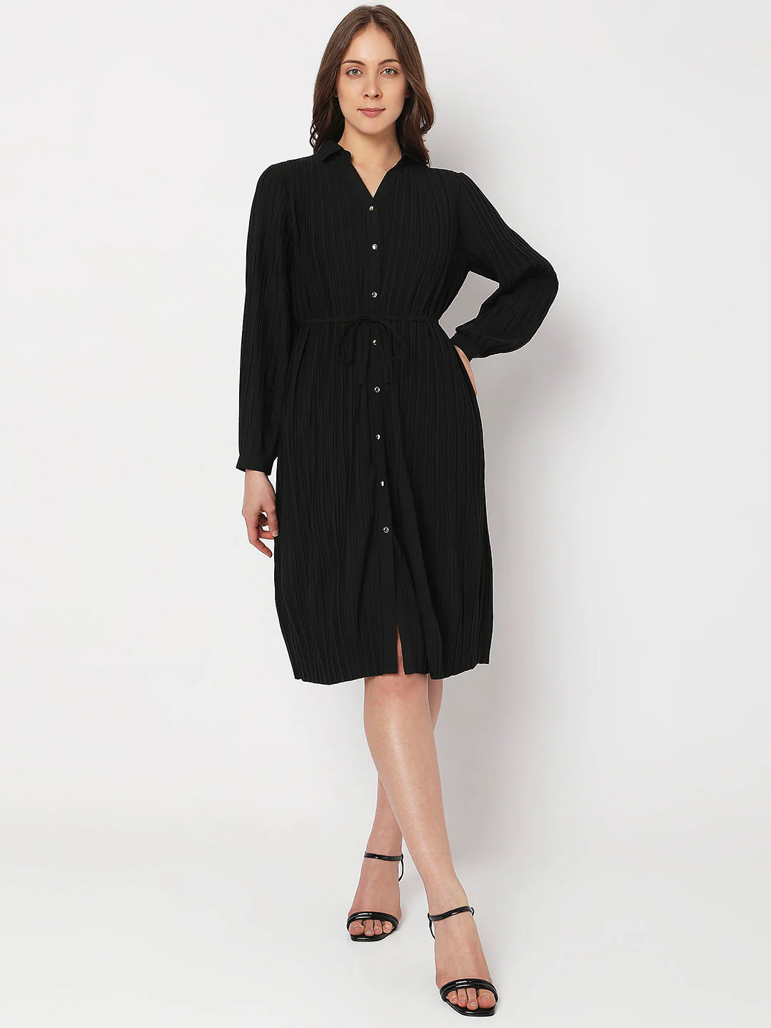 Black Pleated Midi Shirt Dress - Image 2