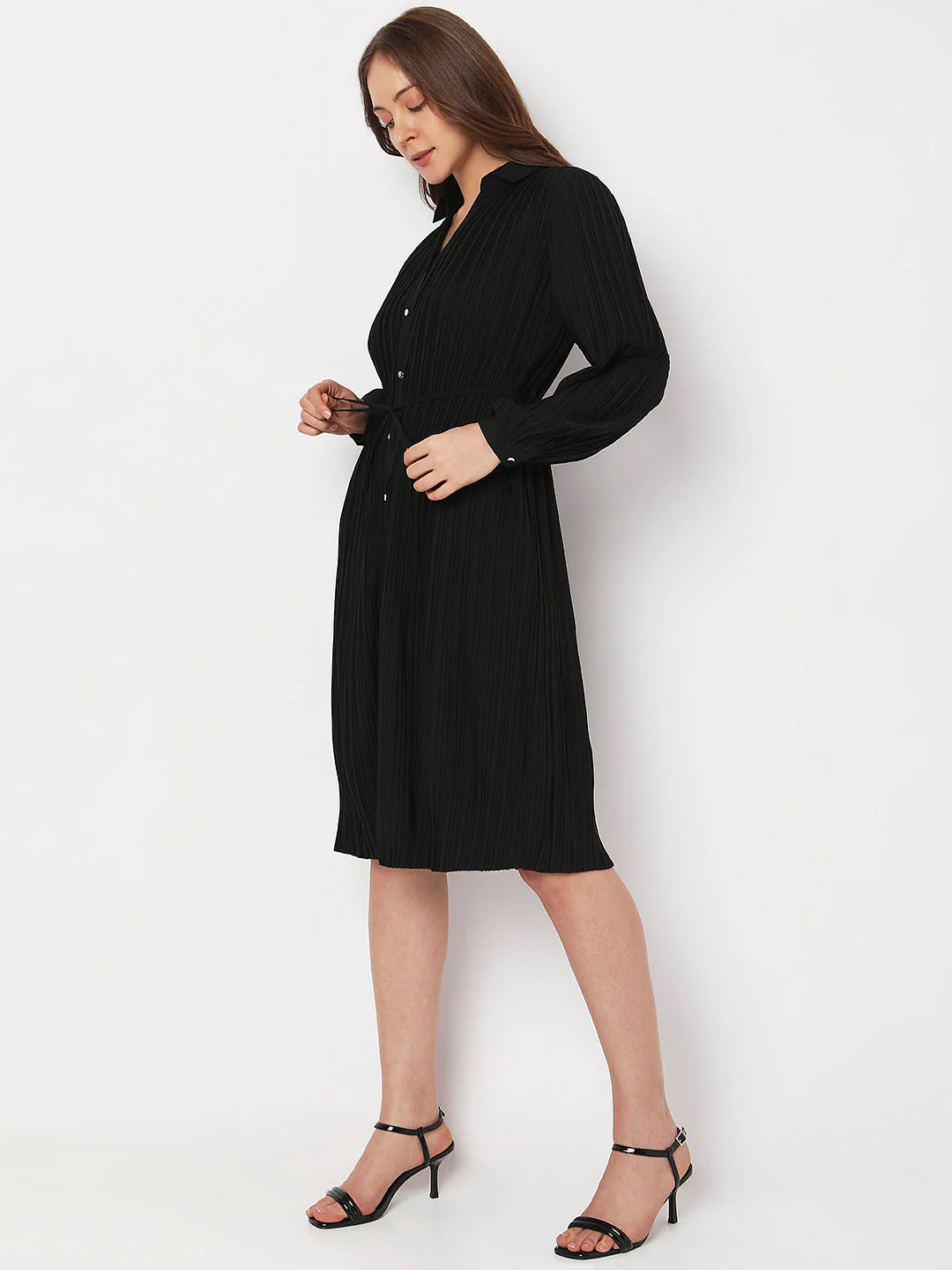 Black Pleated Midi Shirt Dress - Image 3