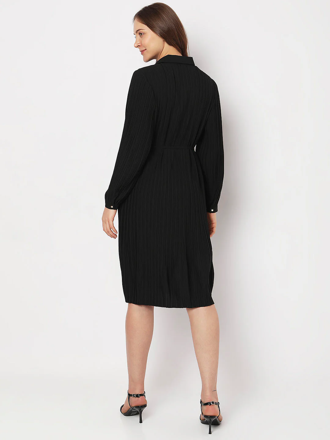 Black Pleated Midi Shirt Dress - Image 4