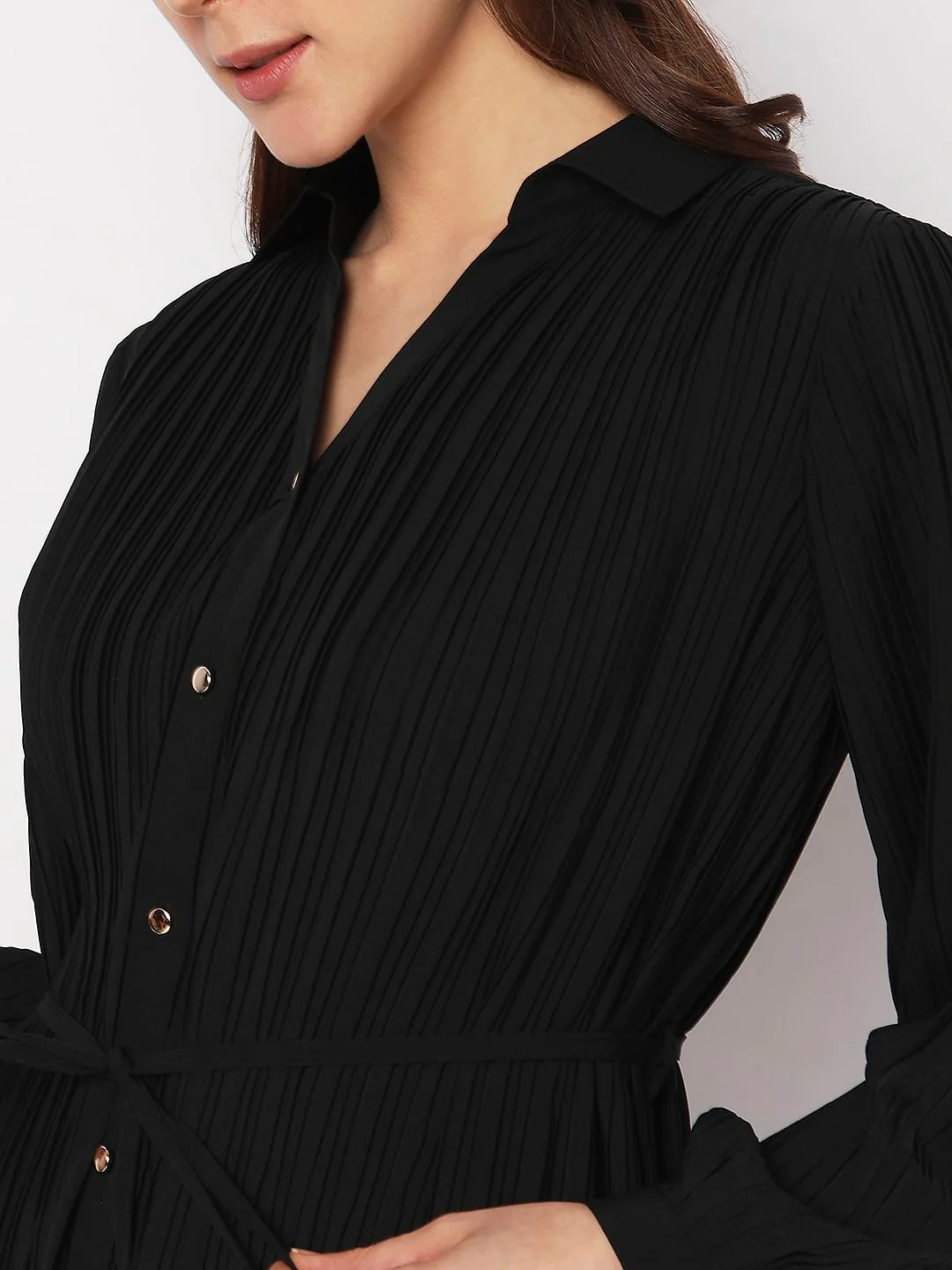 Black Pleated Midi Shirt Dress - Image 5