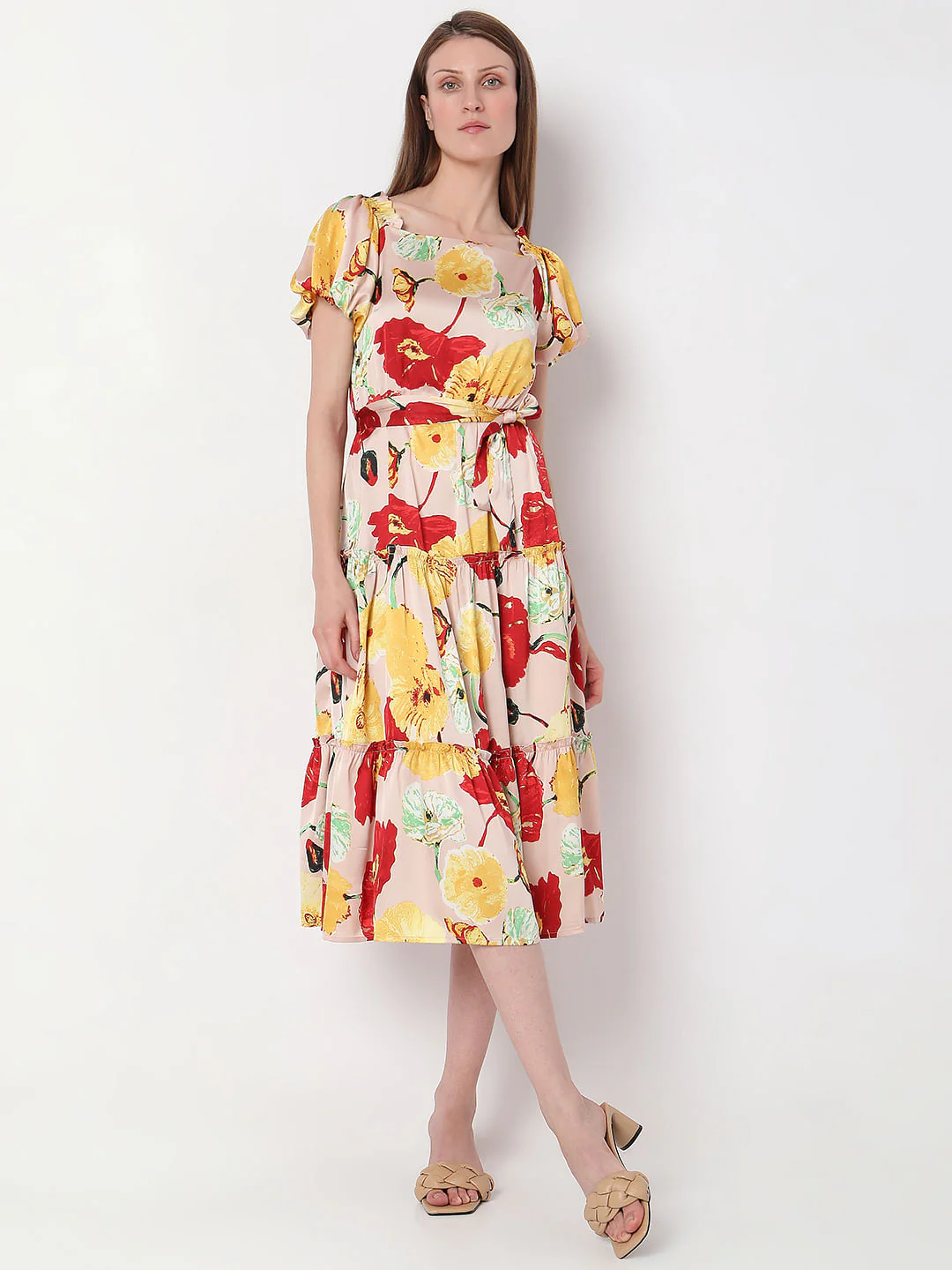 Peach Floral Tiered Midi Dress - Image 2