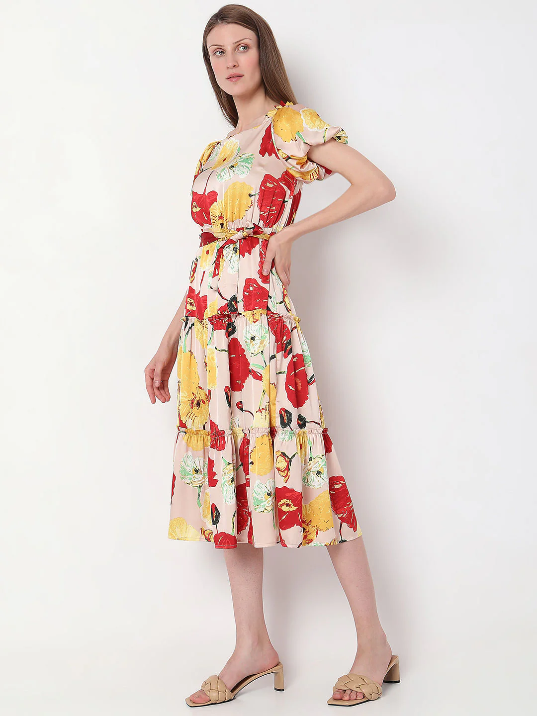 Peach Floral Tiered Midi Dress - Image 3