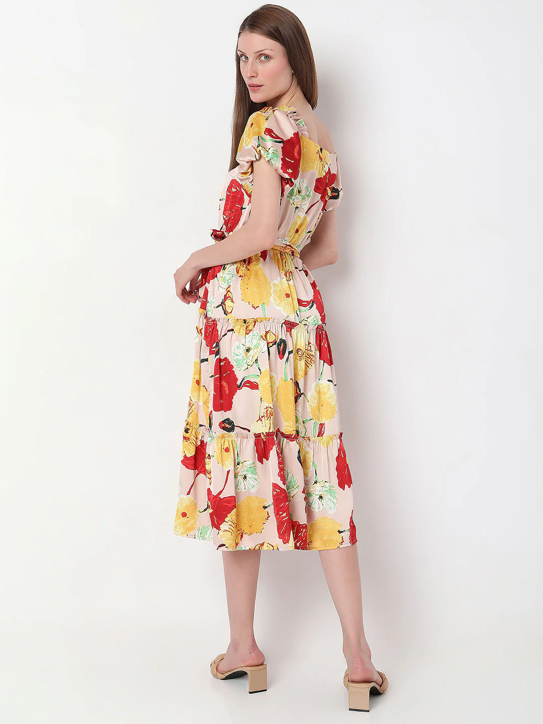 Peach Floral Tiered Midi Dress - Image 4
