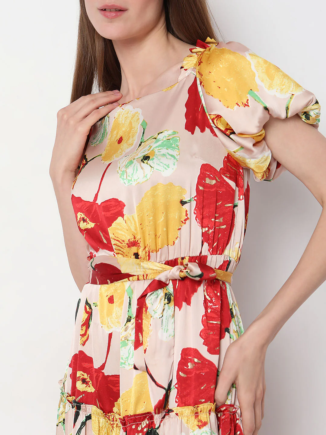 Peach Floral Tiered Midi Dress - Image 5