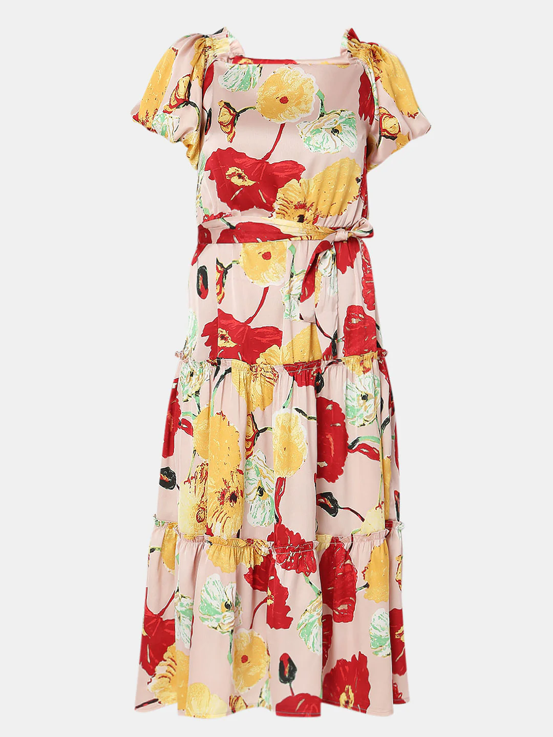 Peach Floral Tiered Midi Dress - Image 6