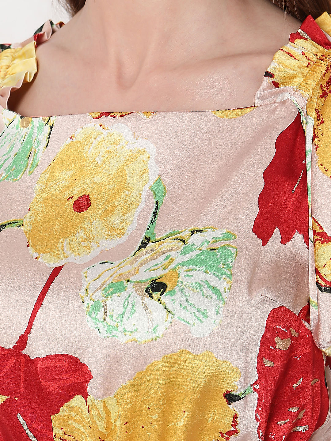 Peach Floral Tiered Midi Dress - Image 7