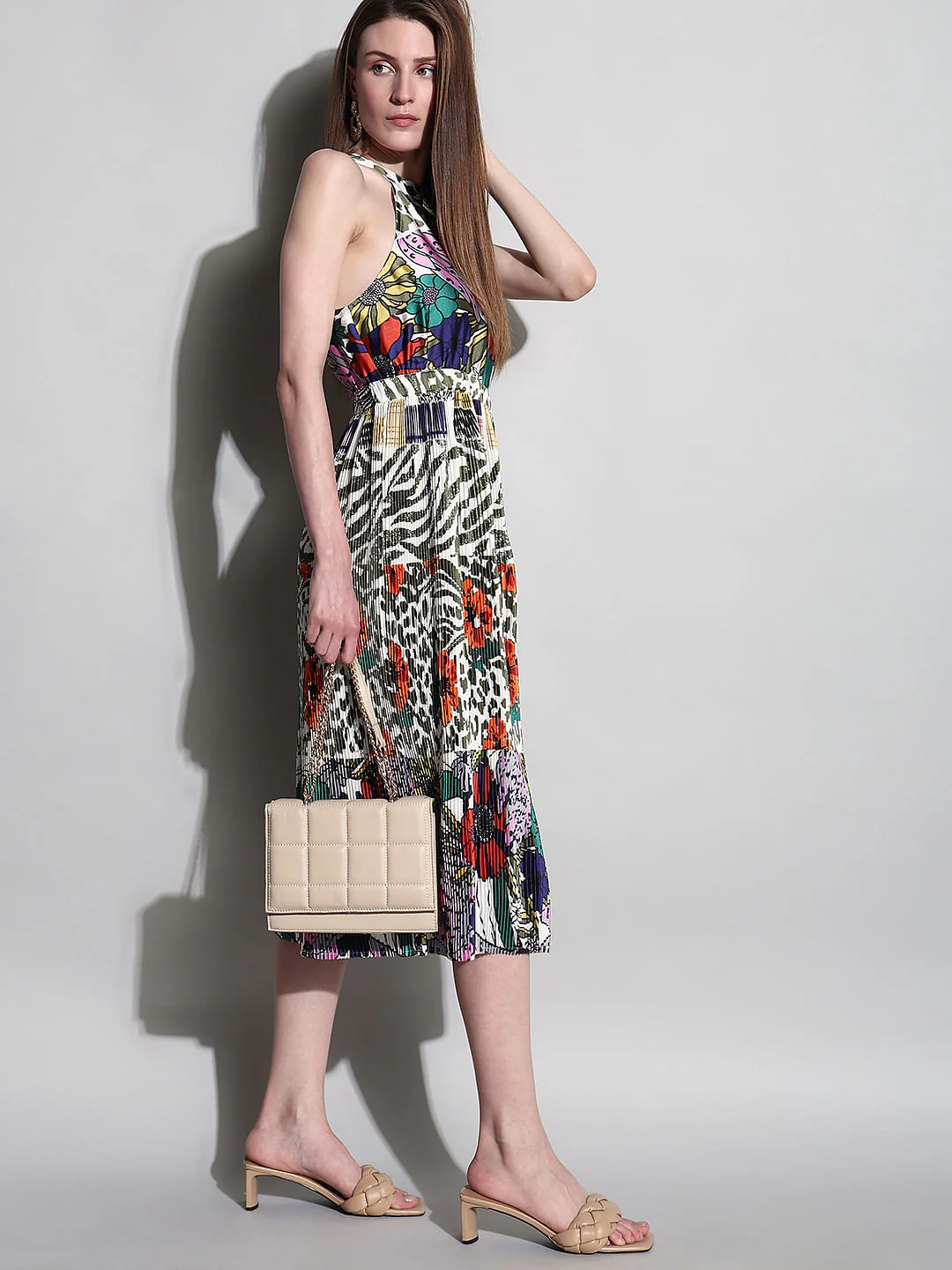 Green Floral Pleated Midi Dress