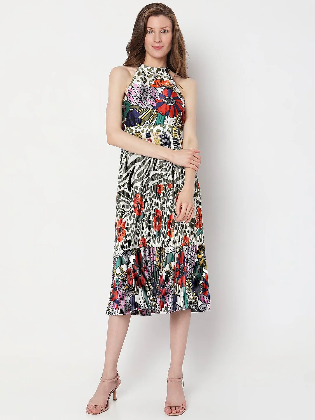 Green Floral Pleated Midi Dress - Image 2