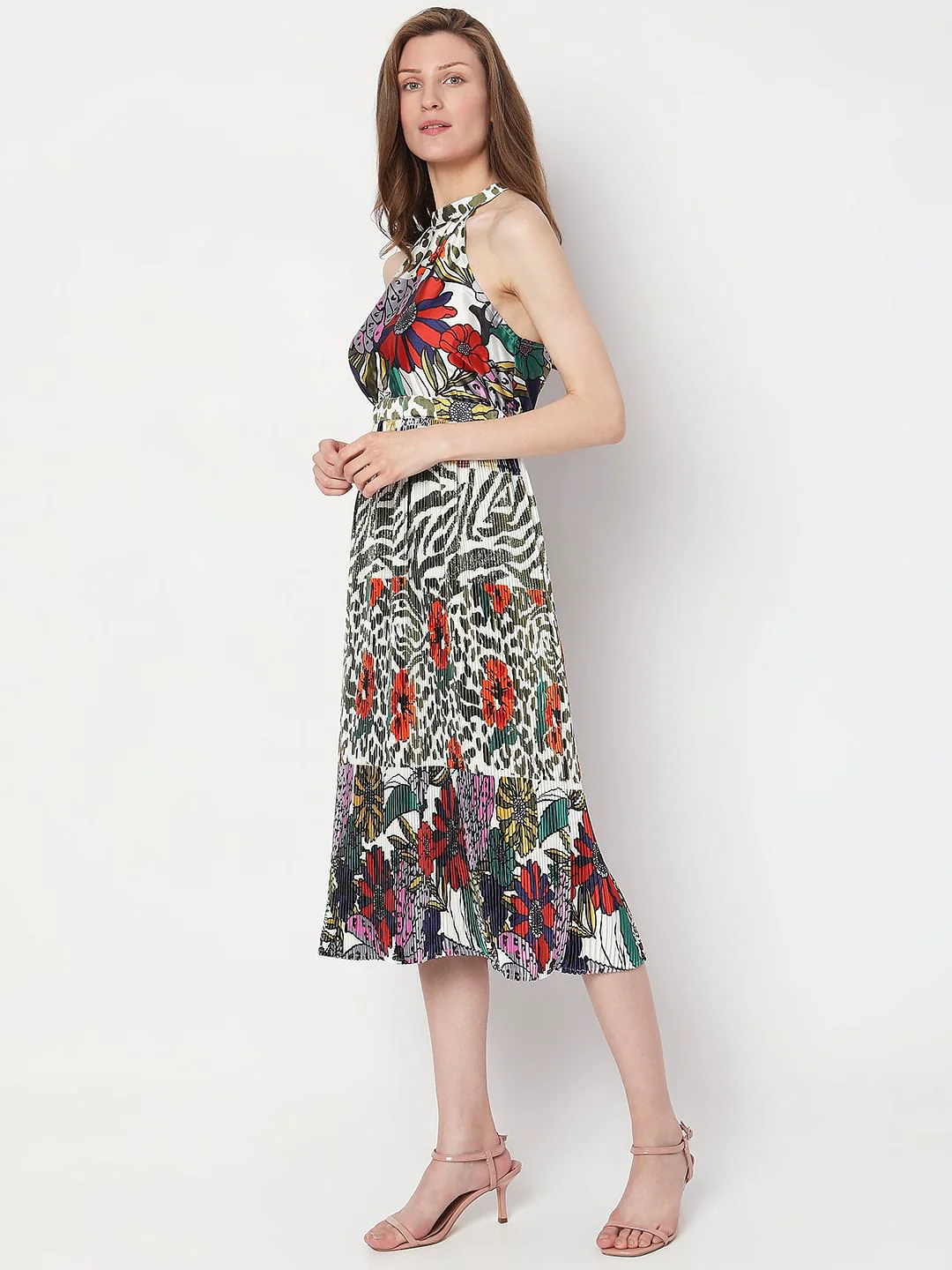 Green Floral Pleated Midi Dress - Image 3