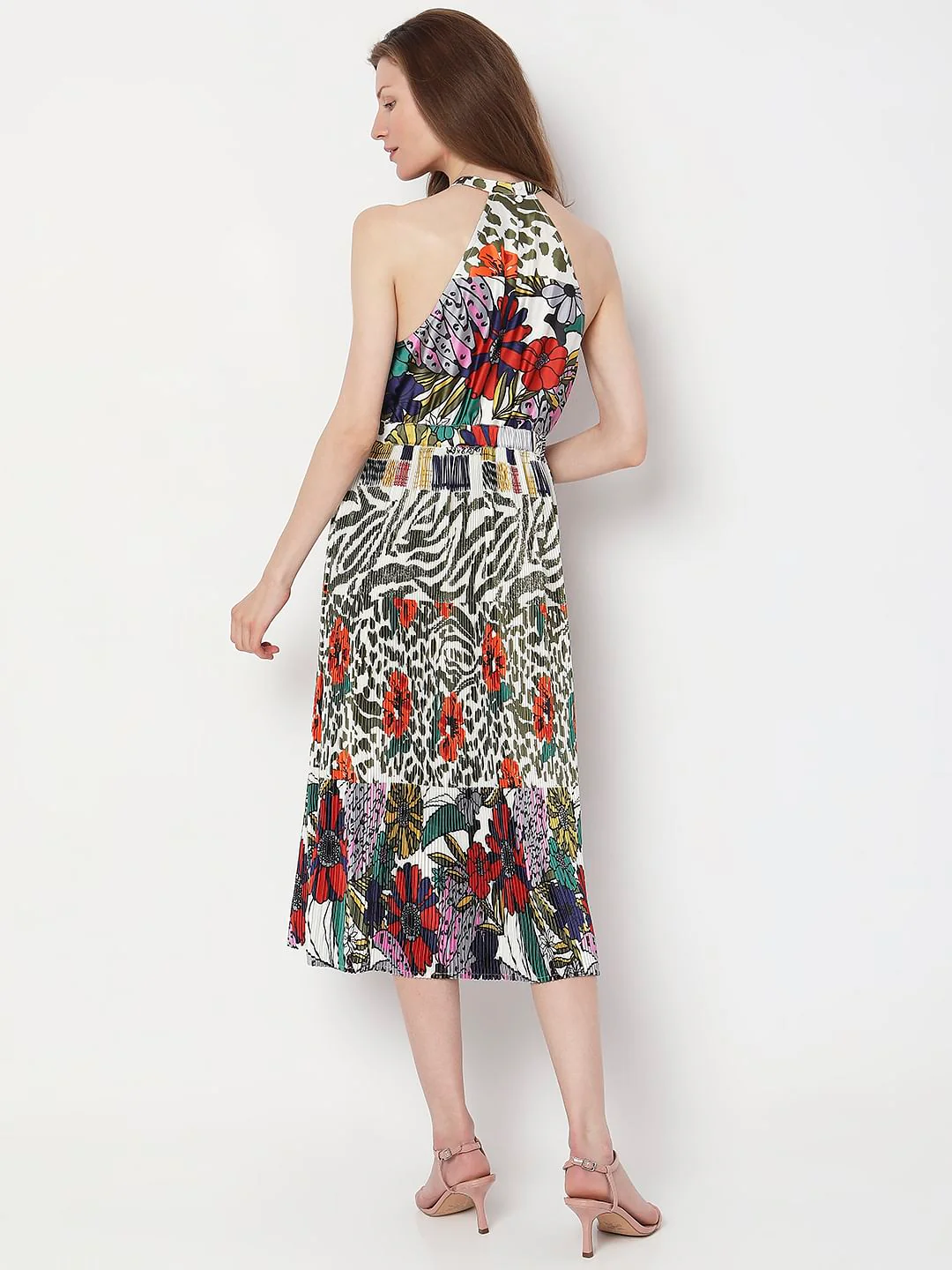 Green Floral Pleated Midi Dress - Image 4