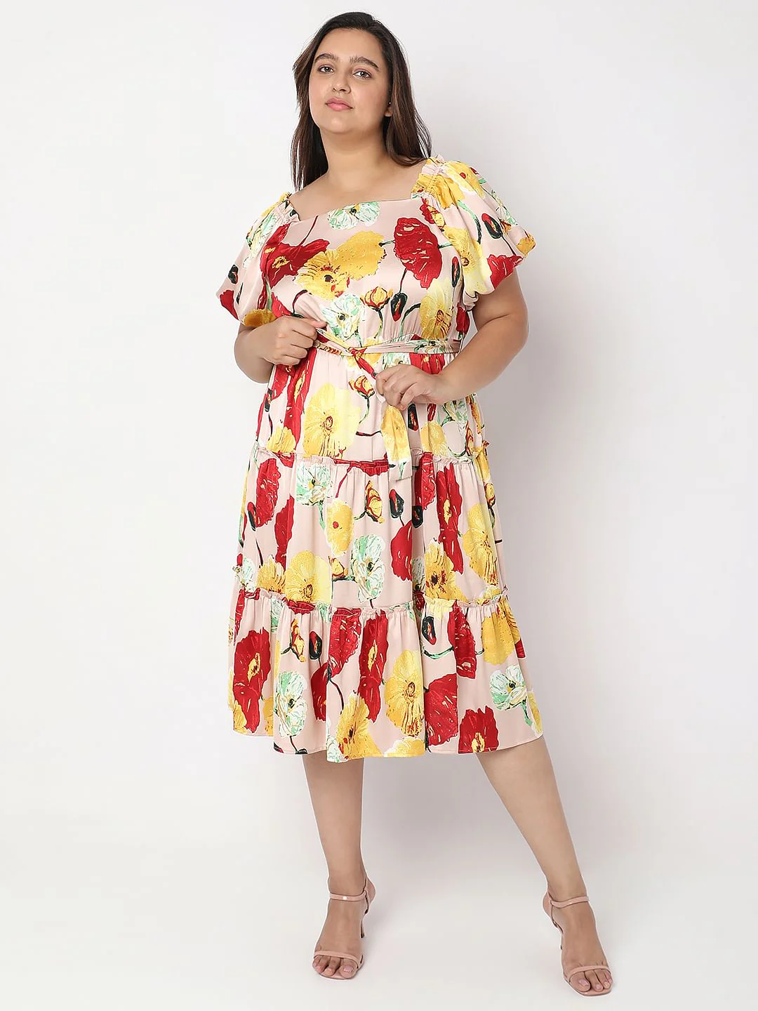 Curve Peach Floral Print Shift Dress - Image 2