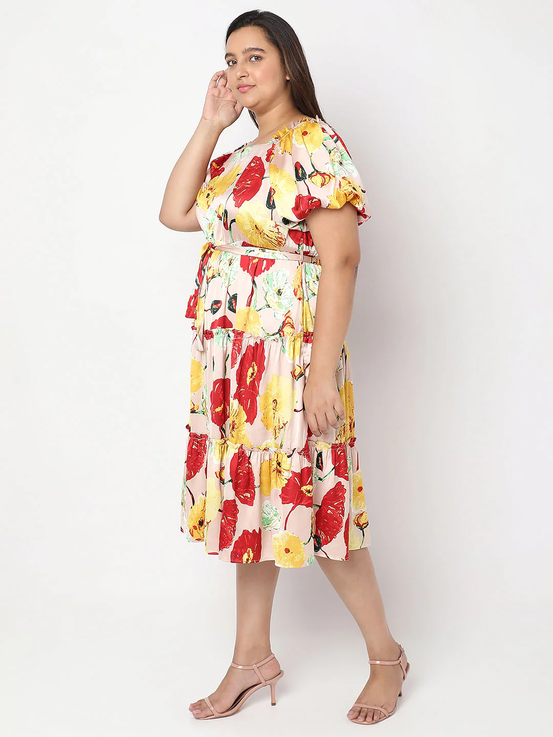 Curve Peach Floral Print Shift Dress - Image 3