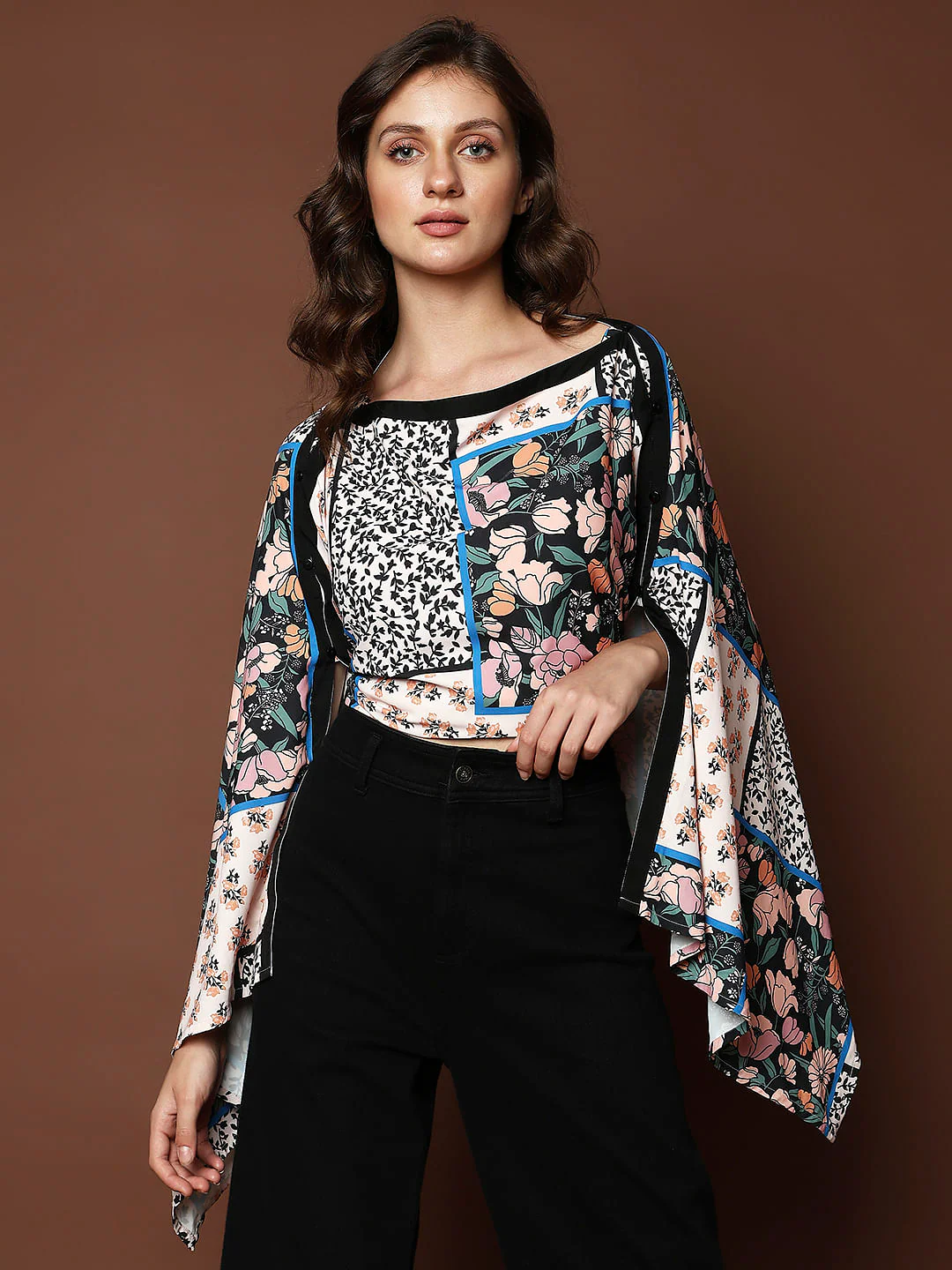 Beige Printed Multi-Style Poncho Top - Image 2