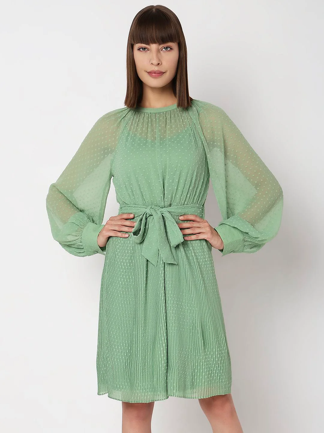 Green Georgette Pleated Dress - Image 2