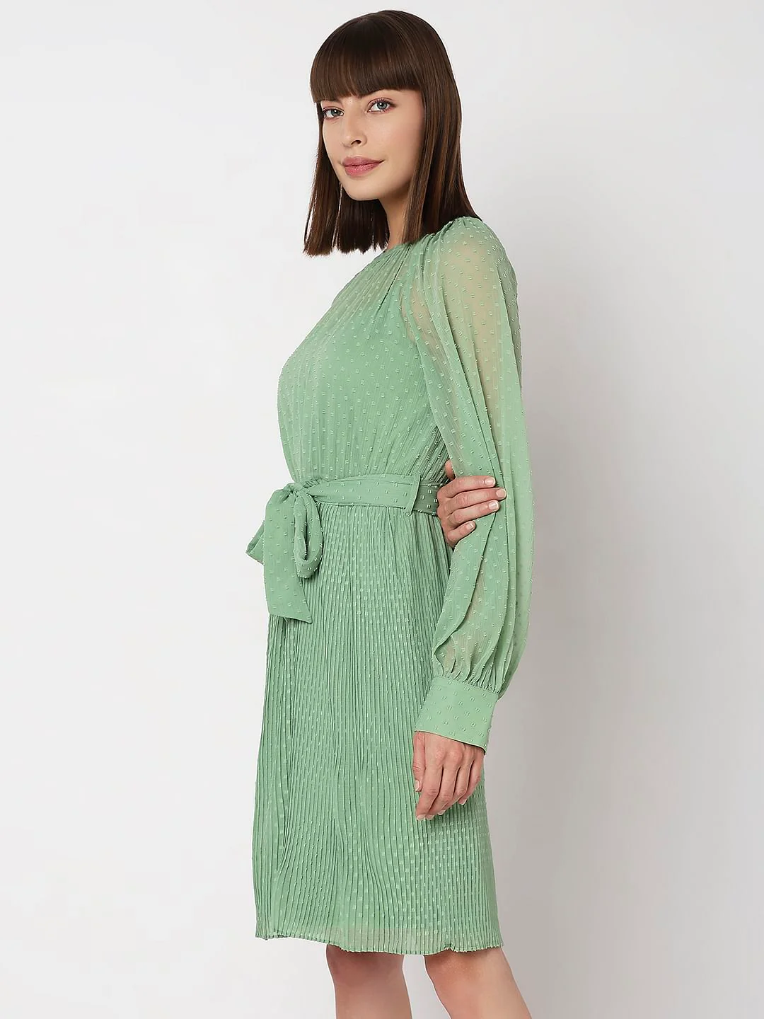 Green Georgette Pleated Dress - Image 3
