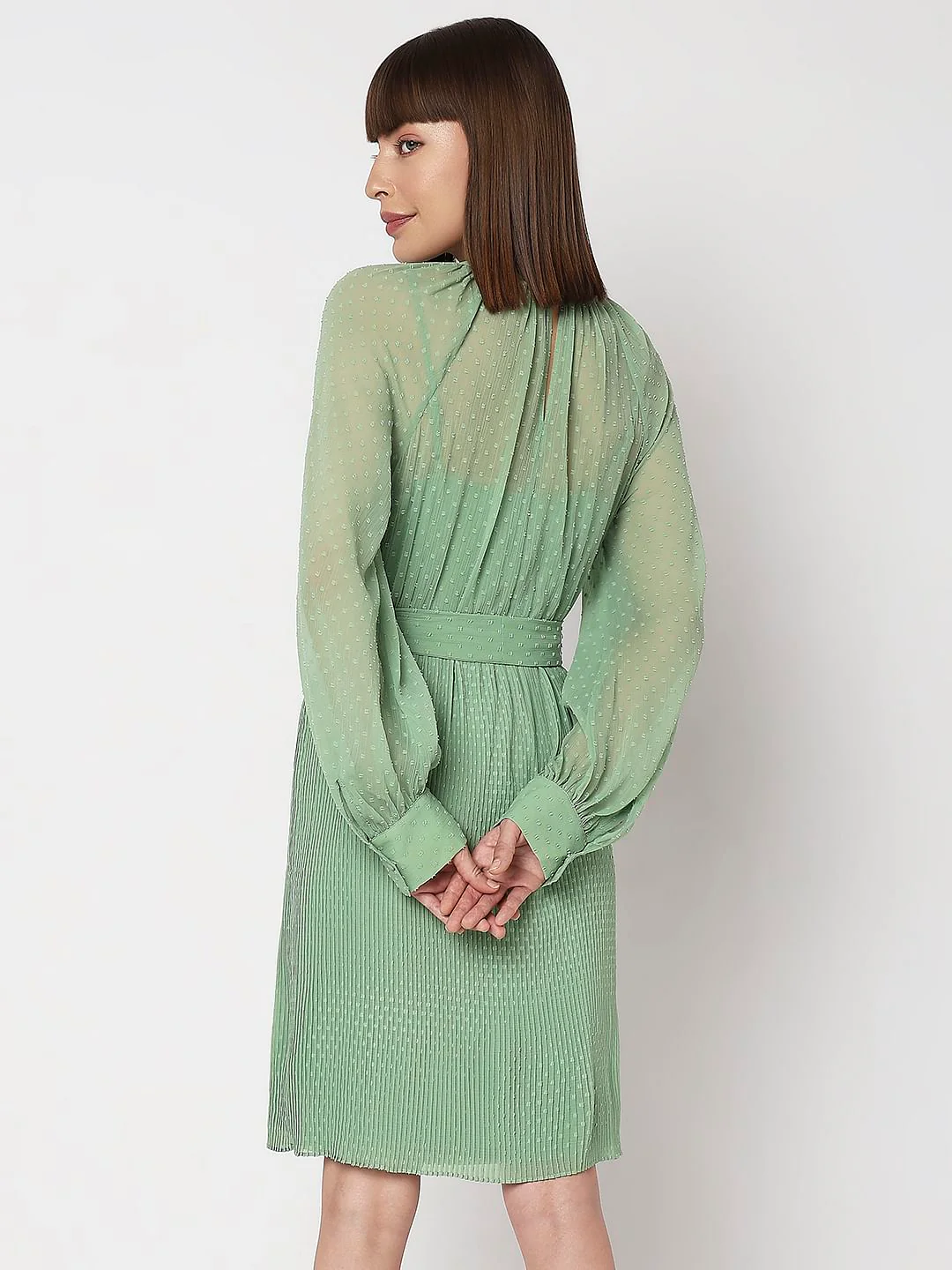 Green Georgette Pleated Dress - Image 4