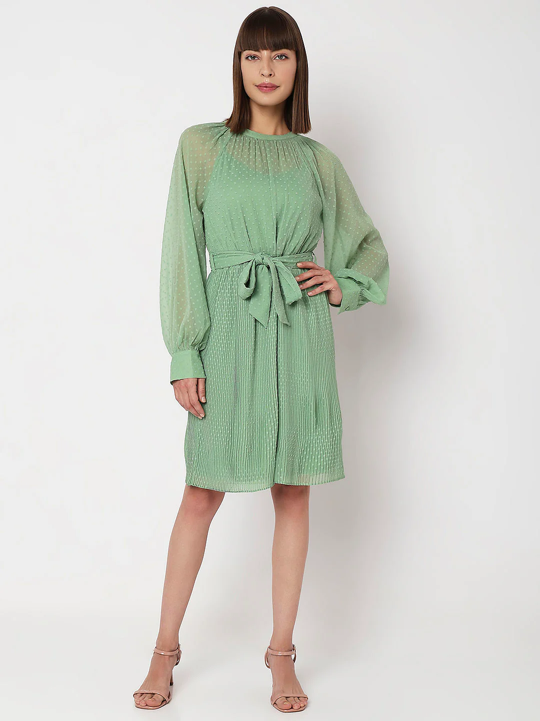 Green Georgette Pleated Dress - Image 5