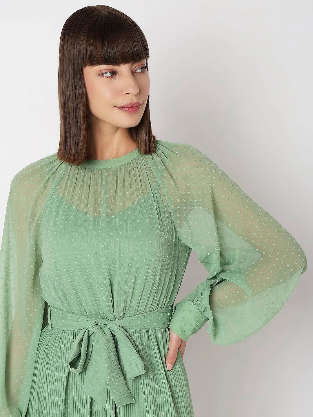 Green Georgette Pleated Dress - Image 6