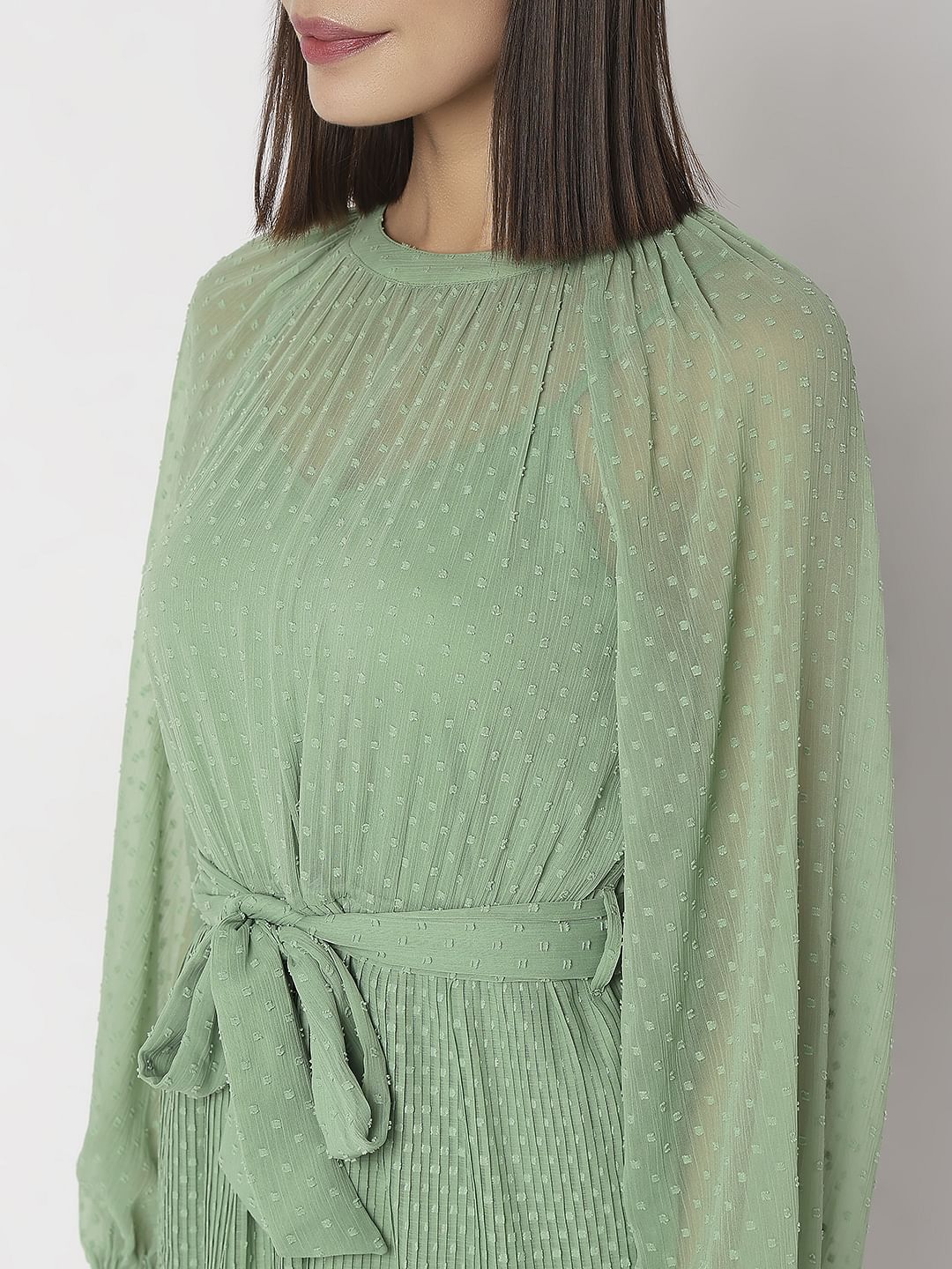 Green Georgette Pleated Dress - Image 8