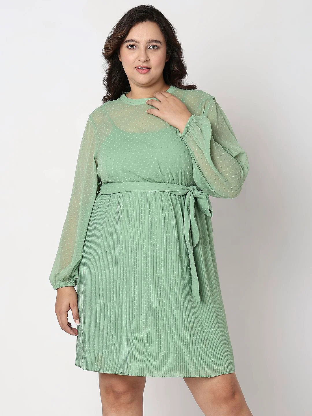 Curve Green Dobby Textured Fit & Flare Dress - Image 2