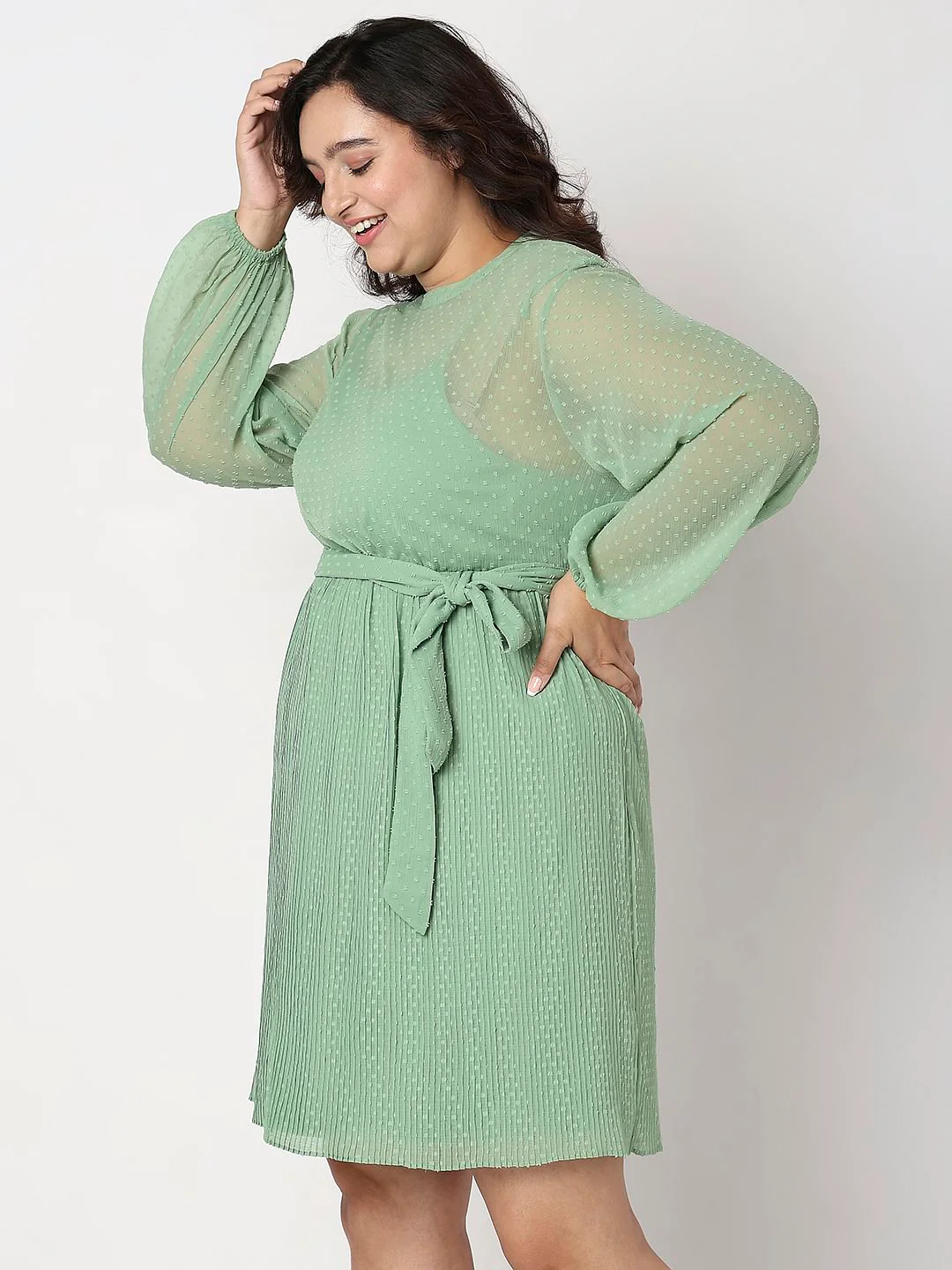 Curve Green Dobby Textured Fit & Flare Dress - Image 3