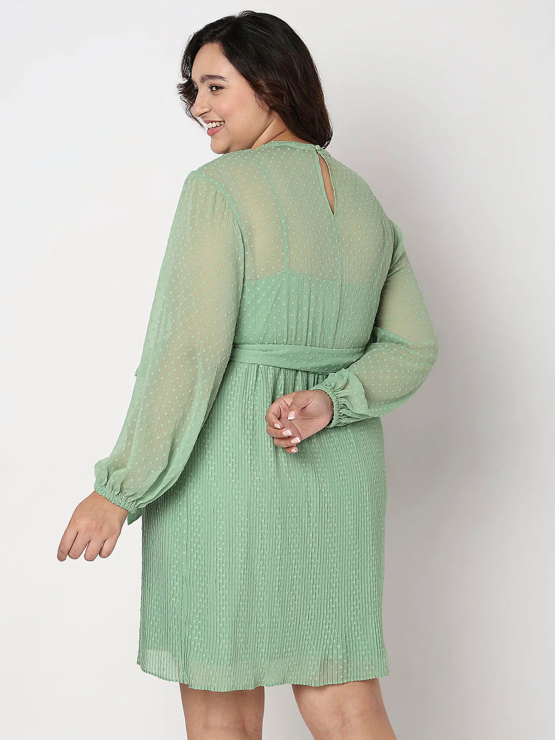 Curve Green Dobby Textured Fit & Flare Dress - Image 4