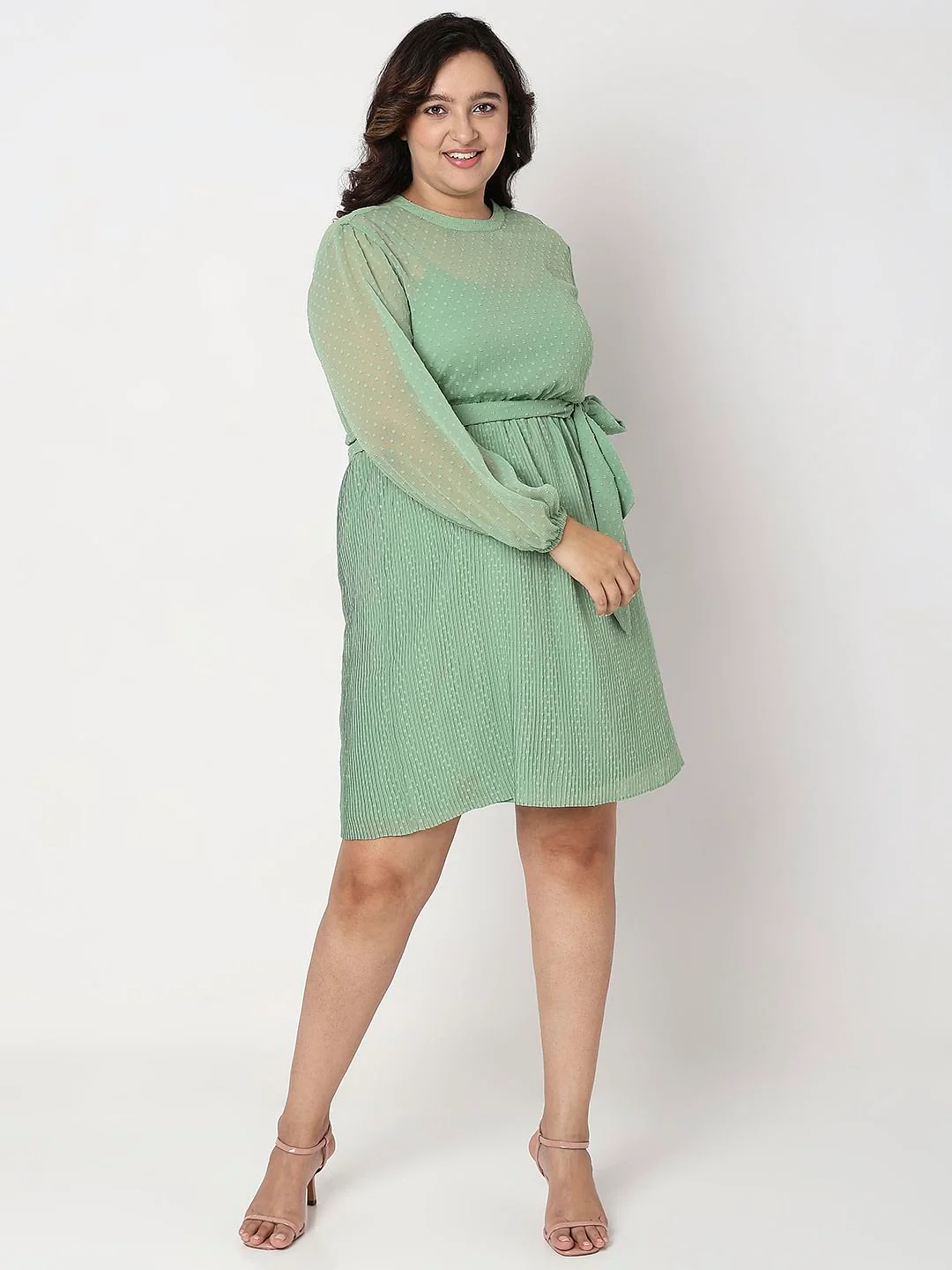 Curve Green Dobby Textured Fit & Flare Dress - Image 5