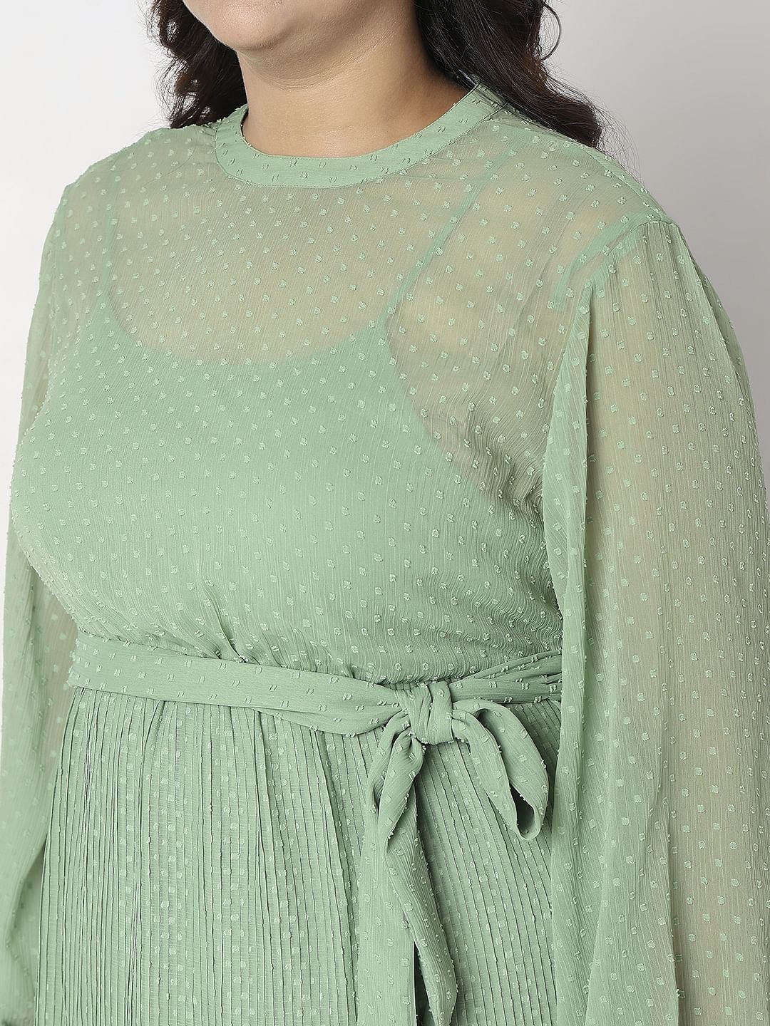 Curve Green Dobby Textured Fit & Flare Dress - Image 8
