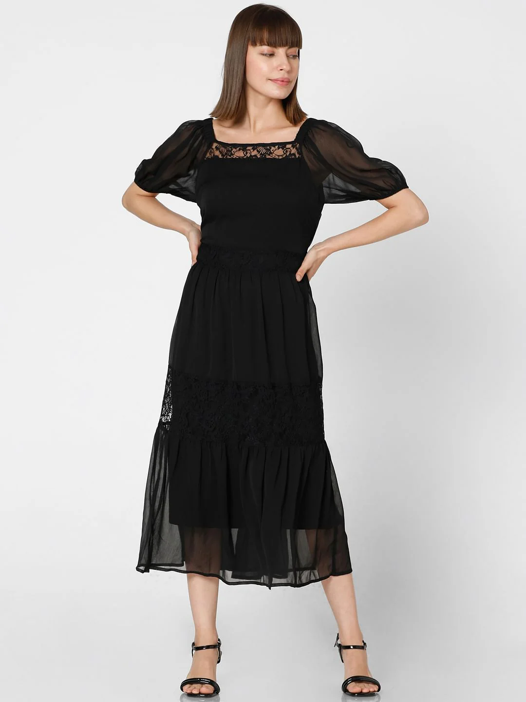 Black Chiffon Lace Midi Dress - Image 2