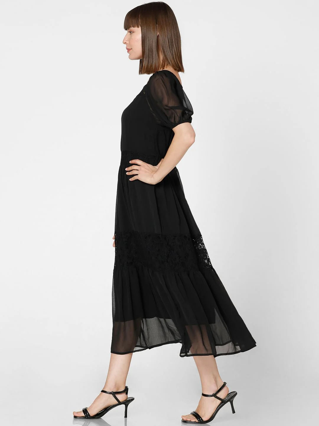 Black Chiffon Lace Midi Dress - Image 3