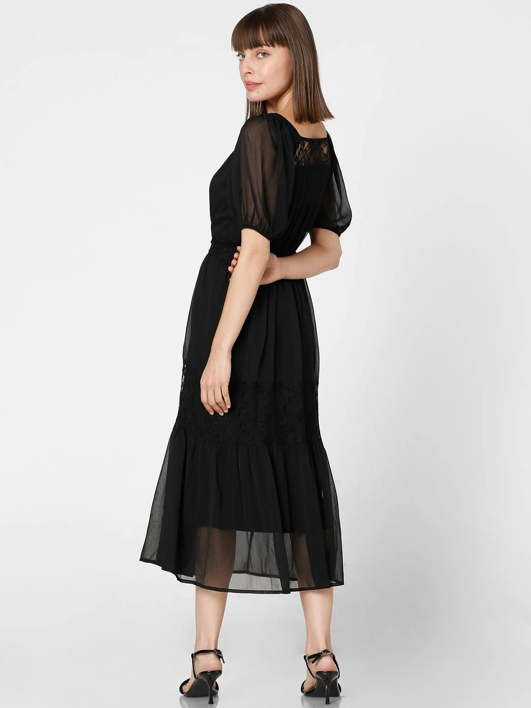 Black Chiffon Lace Midi Dress - Image 4