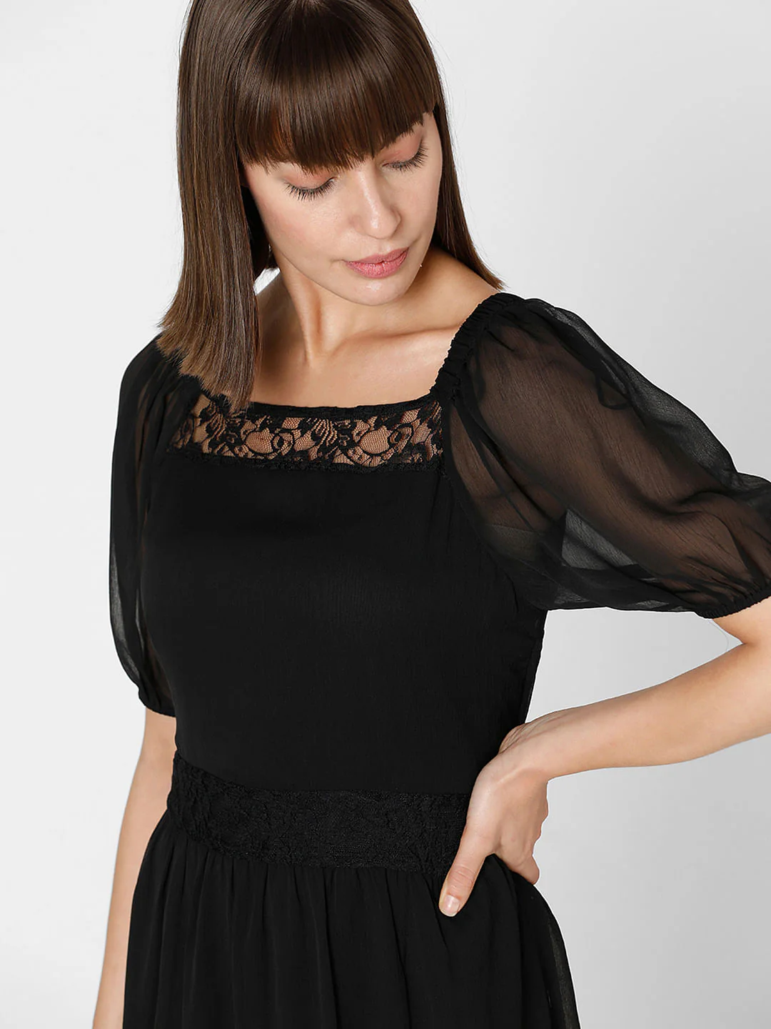 Black Chiffon Lace Midi Dress - Image 5