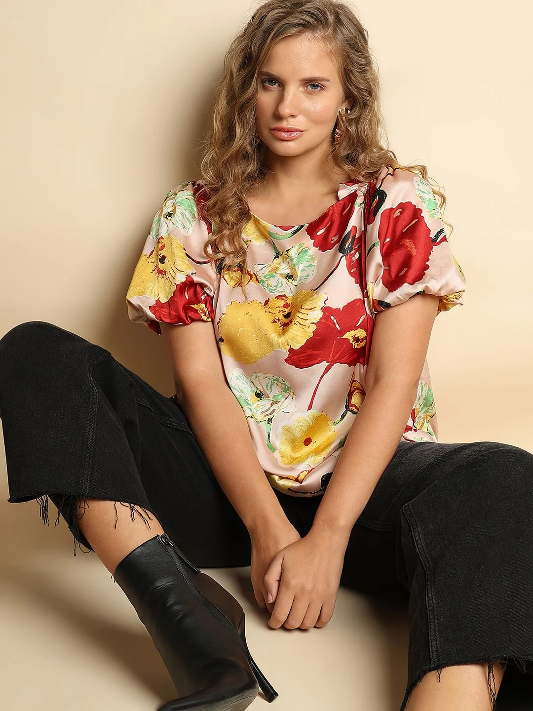 Curve Peach Floral Printed Top