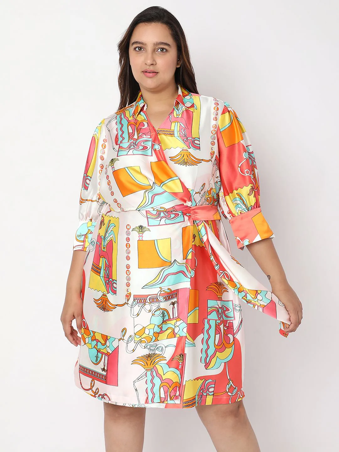 Curve Orange Printed Wrap-Over Dress - Image 2