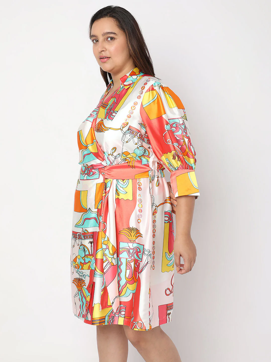 Curve Orange Printed Wrap-Over Dress - Image 3