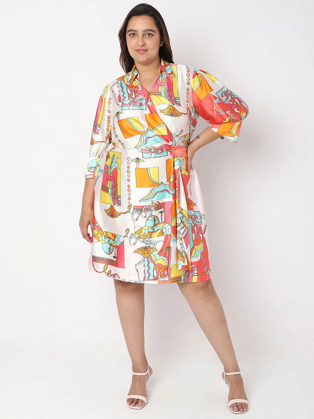 Curve Orange Printed Wrap-Over Dress - Image 5