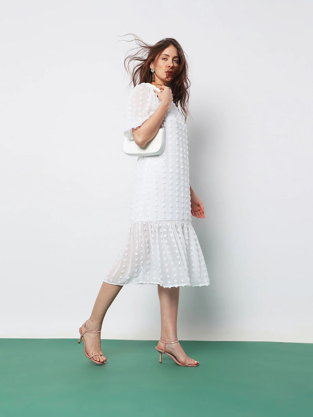 White Dobby Textured Midi Dress