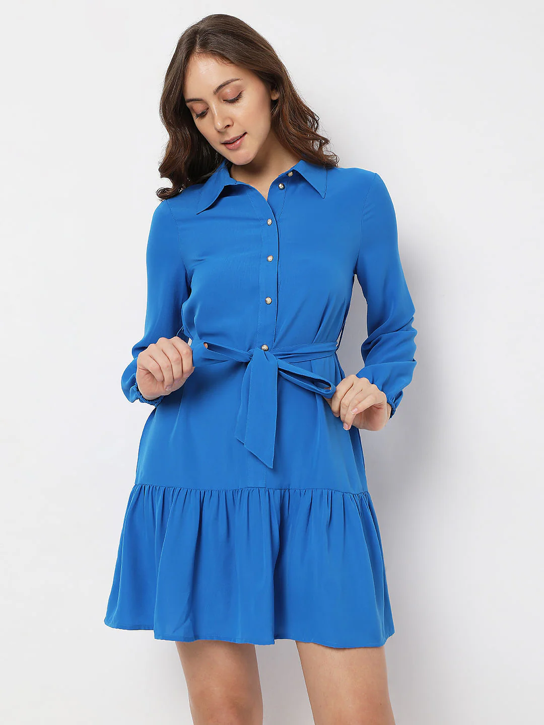 Blue Tiered Mini Shirt Dress - Image 2