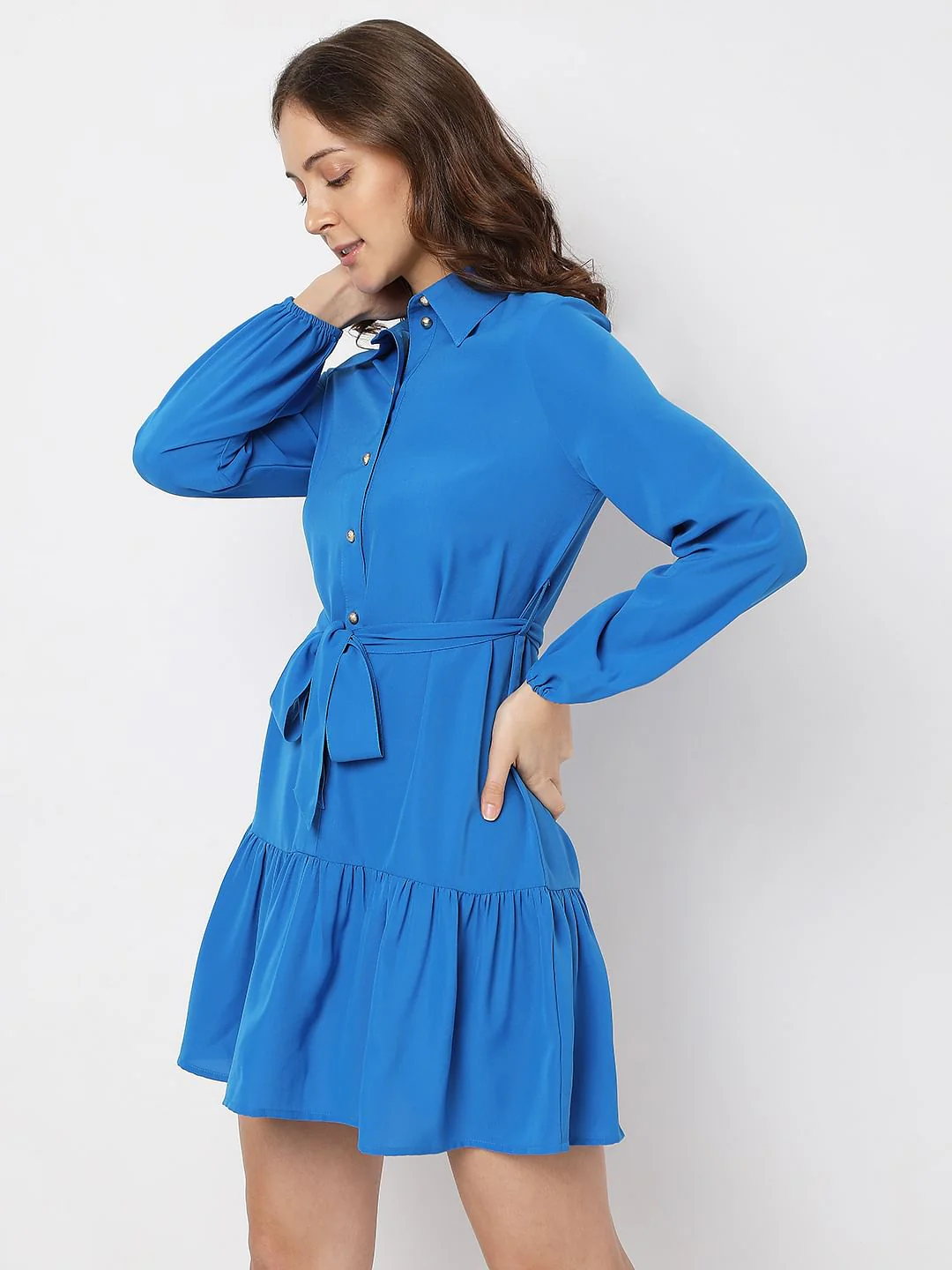 Blue Tiered Mini Shirt Dress - Image 3