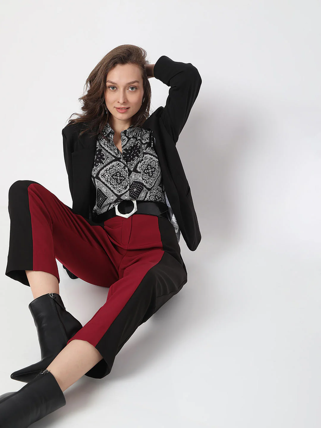Maroon High Rise Colourblocked Trousers