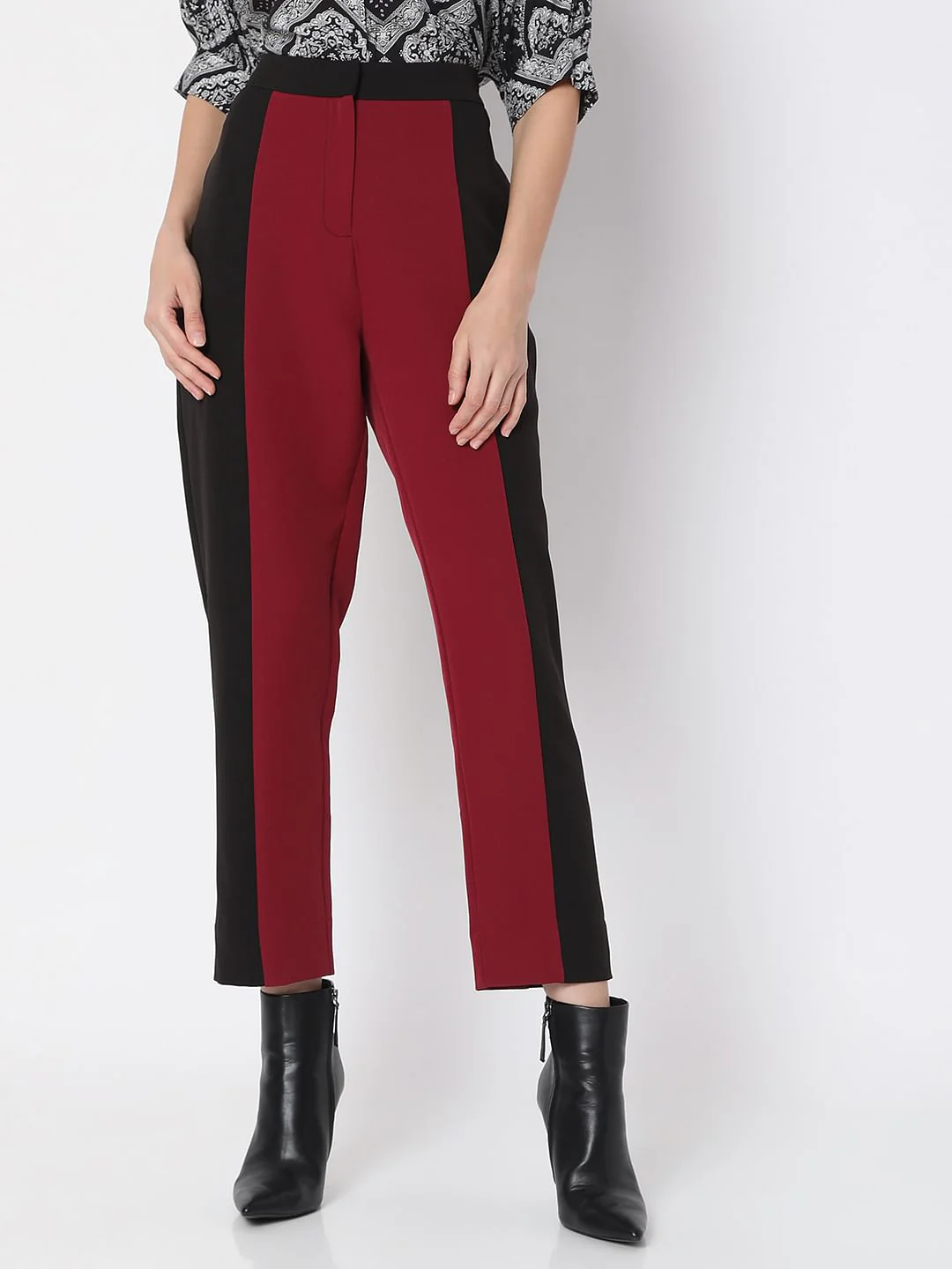 Maroon High Rise Colourblocked Trousers - Image 2
