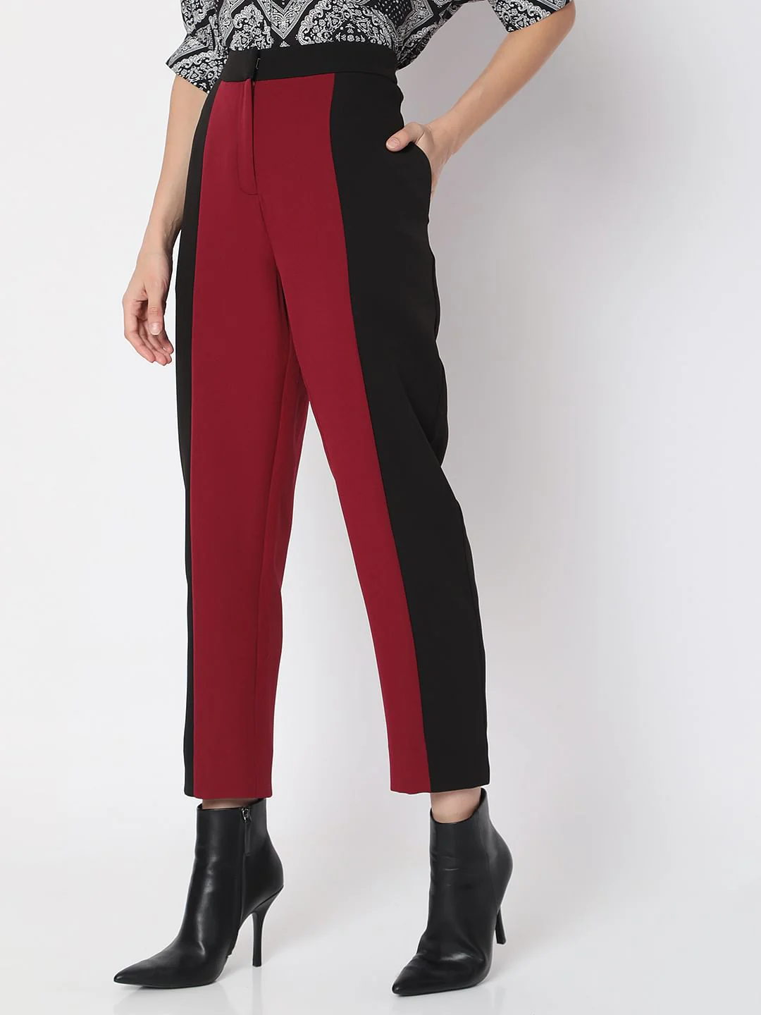 Maroon High Rise Colourblocked Trousers - Image 3