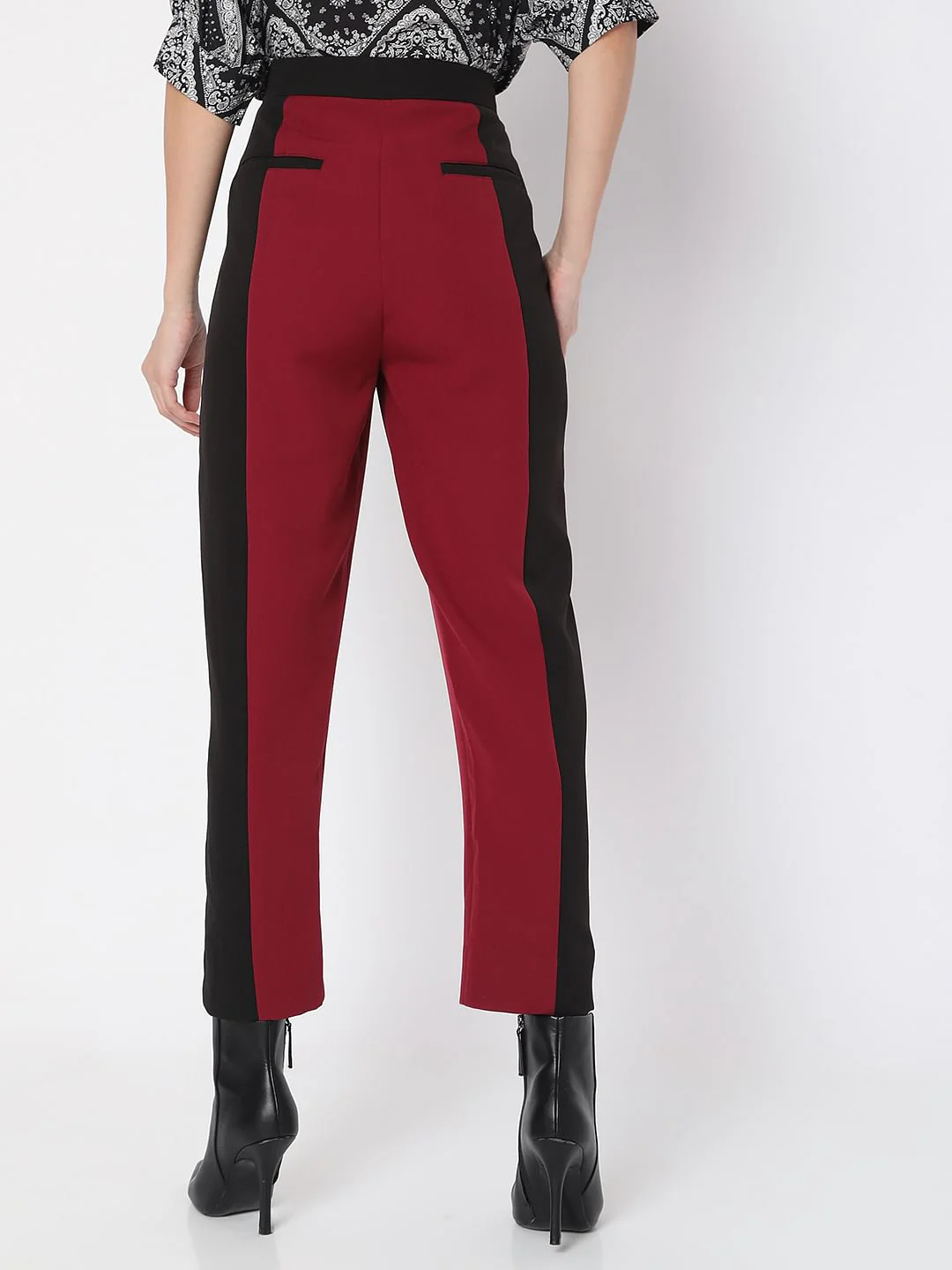 Maroon High Rise Colourblocked Trousers - Image 4