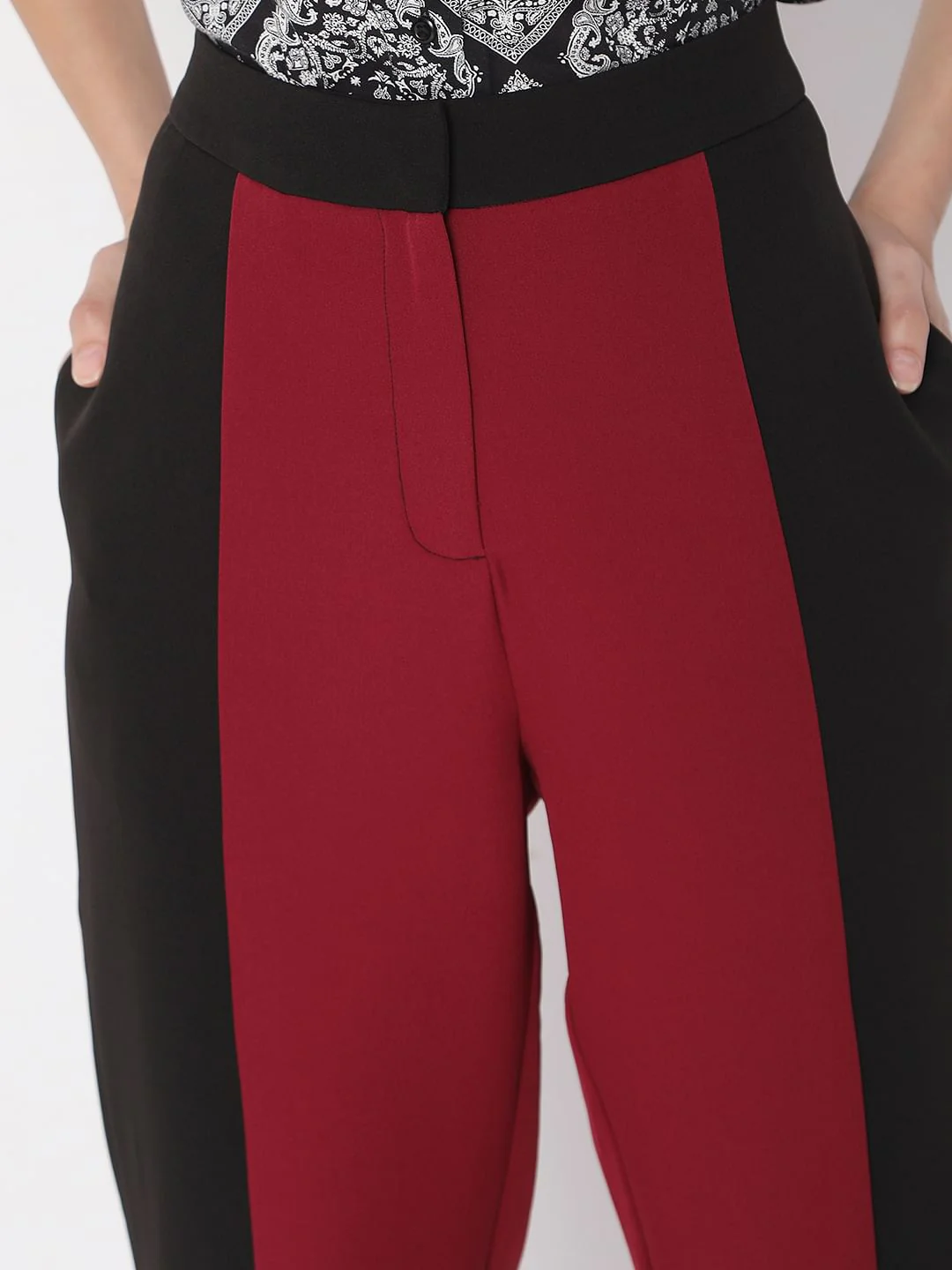 Maroon High Rise Colourblocked Trousers - Image 5