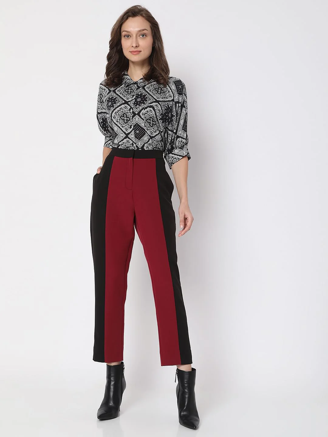 Maroon High Rise Colourblocked Trousers - Image 6