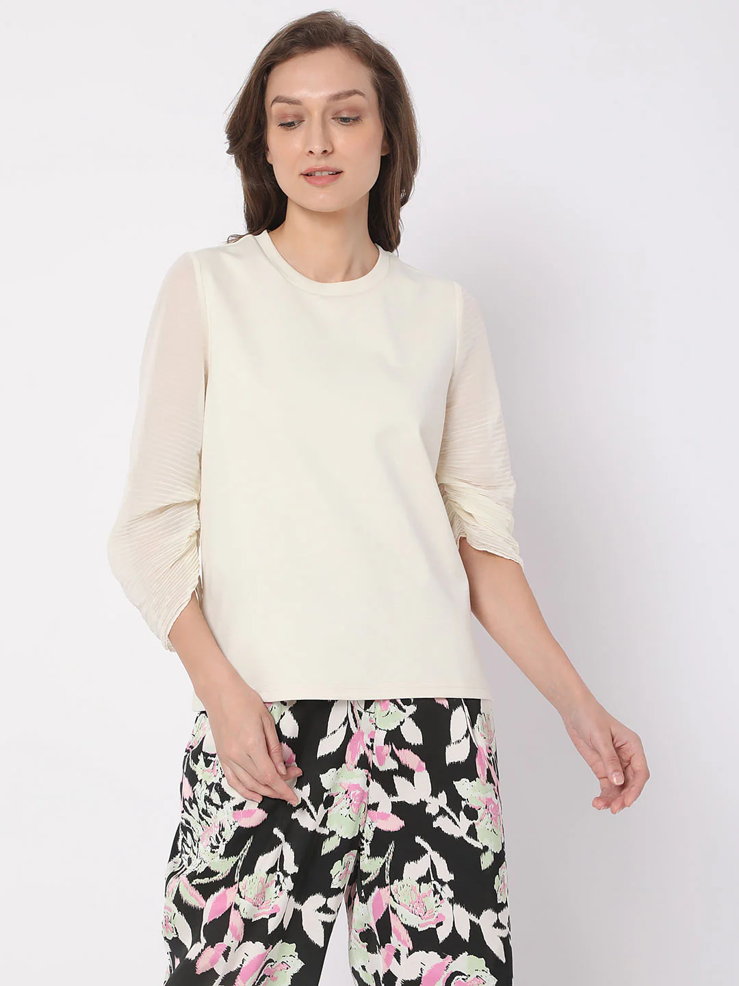 Cream Pleated Sleeve Top - Image 2