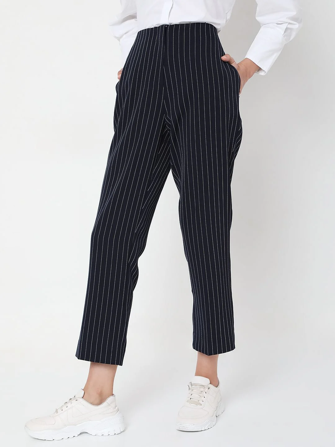 Navy Blue Mid Rise Striped Pants - Image 3